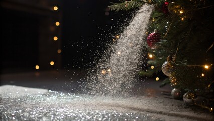 Poster - A Christmas tree adorned with lights and ornaments casting shimmering snowflakes on the snow beneath