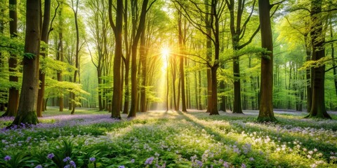 Wall Mural - Lush forest with vibrant green trees and flowers in spring , nature, forest, green, trees, flowers, lush, vibrant