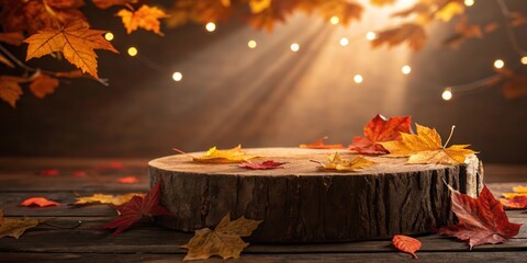 Poster - Autumnal Rustic Wooden Display with Warm Lights and Fallen Leaves