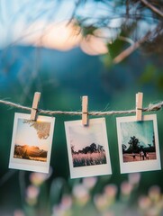 Aufkleber - Polaroid photos clipped to a string against a serene outdoor backdrop during sunset. Generative AI