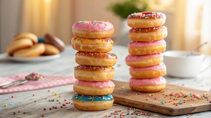 Poster - Colorful Donuts Stacked High on a Wooden Cutting Board with Sprinkles Scattered Around