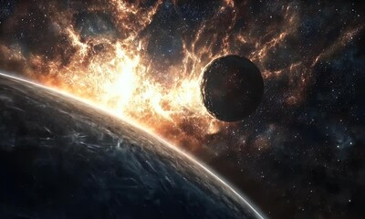 Wall Mural - A cosmic scene depicting an explosion near a planet, showcasing the beauty of space.