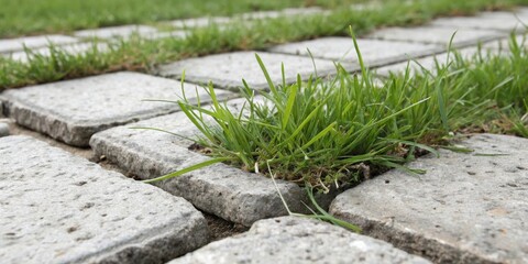 Leinwandbilder - A patch of vibrant green grass pushes through the cracks in a gray stone pathway, a testament to nature's resilience and the beauty of unexpected growth.