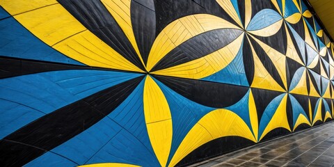 Poster - Abstract Geometric Wall Art with Curved Panels in Yellow, Blue, and Black Tones
