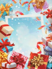 Poster - Festive greeting card design featuring colorful gift boxes and space for a personalized message. Generative AI