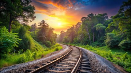 Wall Mural - Serene view of curving railway tracks surrounded by lush nature at dusk , serene, tranquil, railway tracks, curving, lush