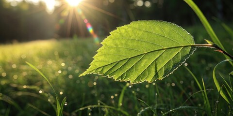 Aufkleber - A single leaf bathed in sunlight, reflecting the vibrant colors of the morning sky, with dewdrops clinging to the grass below