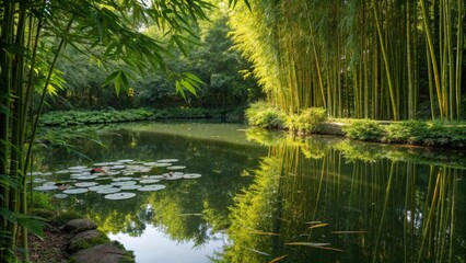 Aufkleber - A tranquil pond reflecting the vibrant green of a bamboo grove, creating a peaceful sanctuary of nature.