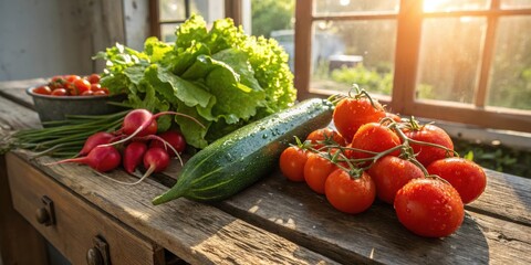 Poster - A Fresh Harvest of Garden Vegetables Glowing in the Warm Sunlight on a Rustic Wooden Table