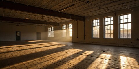 Aufkleber - Sunlight streams through windows in an abandoned industrial building, casting long shadows on the wooden floor