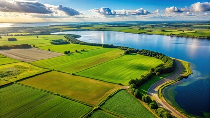 Wall Mural - Green field and bay of water from above, green, field, bay, water, aerial, view, nature, landscape, scenery, drone