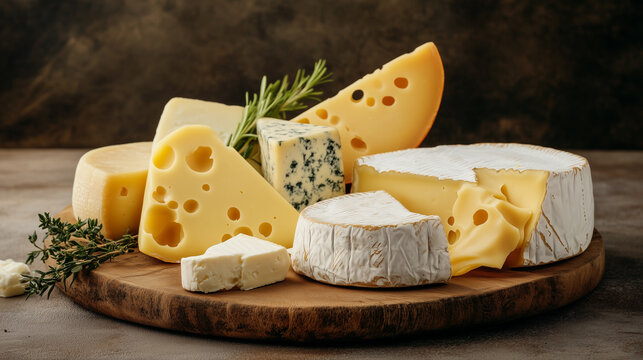 Photo of various types of cheese on a wooden board, food photography