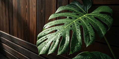 Aufkleber - A Single, Lush Green Leaf of a Tropical Plant Covered in Raindrops Resting Against a Dark Wooden Background