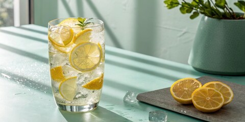 Poster - A refreshing glass of lemon water with ice and a sprig of mint, garnished with fresh lemon slices, on a table with a grey coaster and ice cubes, bathed in natural sunlight