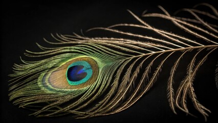 Poster - A single peacock feather with its iconic iridescent eye pattern displayed against a stark black background.