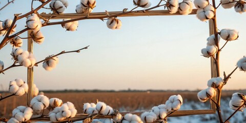 Fototapete - A Rustic Wooden Frame Adorned with Fluffy Cotton Blossoms, Capturing the Warm Glow of a Sunset