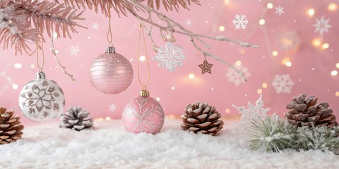 Poster - Festive Pink Christmas Ornaments Adorned with Snowflakes and Pine Cones on a Snowy Surface Against a Soft Pink Background with Twinkling Lights