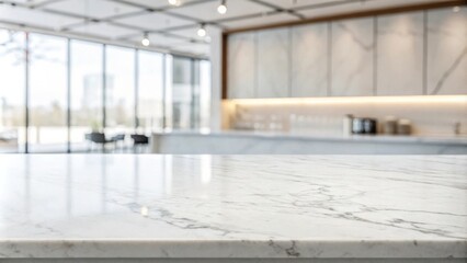 Poster - a clean white marble counter with a blurred background of a modern kitchen with large windows