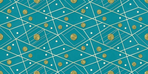 Wall Mural - A Seamless Pattern of Golden Glitter Circles and Geometric Lines on a Teal Background