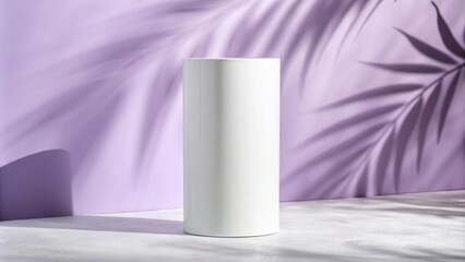 Aufkleber - White Cylinder Mockup on a Lavender Background with Palm Leaf Shadows