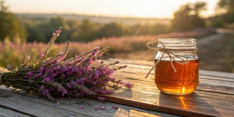 Poster - A bouquet of delicate purple wildflowers rests on a rustic wooden table beside a golden jar of honey, bathed in the warm glow of the setting sun.
