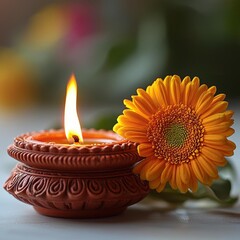 Close-Up of Lit Diya Lamp, spiritual and serene , isolated on white background,  , copy space, copy space for text,