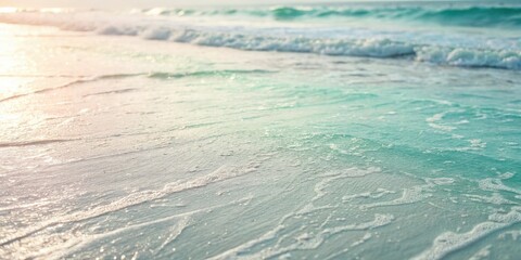 Aufkleber - A close-up of the shoreline, revealing the delicate patterns of foam and water as waves gently recede from the sandy beach