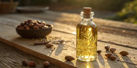 Poster - A bottle of golden oil sits on a rustic wooden table, bathed in the warm glow of the setting sun, surrounded by scattered nuts and the remnants of a previous harvest.