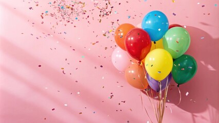 Poster - Colorful balloons floating in a pink room with confetti falling around them.