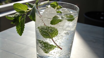 Poster - A glass of refreshing sparkling water with ice and fresh mint leaves, bathed in sunlight.