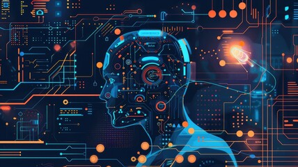 Poster - Science fiction picture of high tech robots for chat bot program, assistance technology about information with deep learning. Futuristic artificial innovative machine assist with intelligence. AIG53.