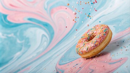 Poster - A pink glazed donut with colorful sprinkles falling on a swirl background of blue and pink