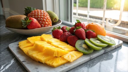 Poster - A vibrant assortment of fresh fruits on a marble platter, showcasing the natural beauty of pineapple, kiwi, strawberries, and orange slices, ready for a refreshing snack or a healthy meal.