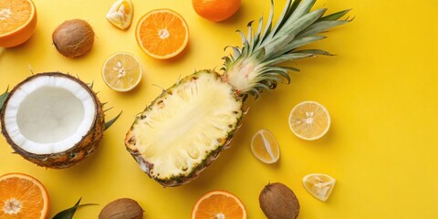 Sticker - A sliced pineapple, lemons, and oranges on a yellow background, representing tropical fruits and refreshing flavors.