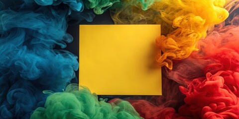 Poster - A Blank Yellow Square Surrounded by Abstract Swirls of Vibrant Colors in a Symmetrical Arrangement