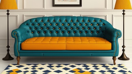 Wall Mural - Teal and orange button-tufted Chesterfield sofa in a modern living room.