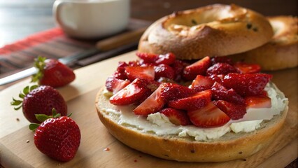 Poster - A bagel topped with a generous layer of cream cheese and a vibrant arrangement of fresh strawberry slices, ready to be enjoyed.