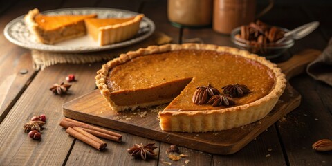 Poster - A slice of pumpkin pie on a wooden board with cinnamon sticks and star anise