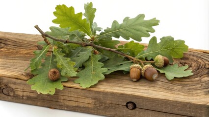 Poster - Oak leaves and acorns on a rustic wooden surface, showcasing the beauty of nature's simple gifts.