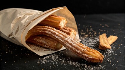 Poster - Crispy Churros in a Paper Bag, Sprinkled with Powdered Sugar and Scattered on a Dark Surface