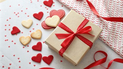 Poster - A wrapped gift with a red ribbon and polka dots surrounded by heart-shaped cookies and red confetti