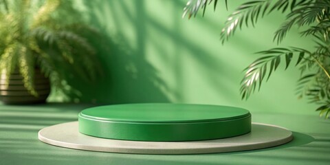 Poster - A Minimalist Green Platform with a Soft Beige Base and Green Foliage