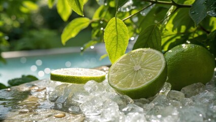 Poster - Lime wedges and a whole lime on a bed of ice with lush greenery in the background.