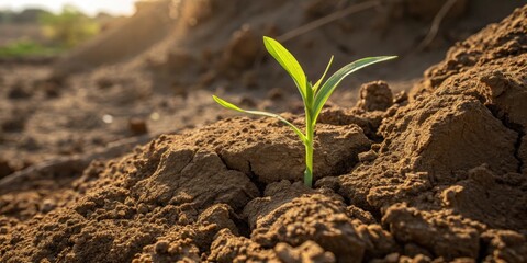 Poster - A single green sprout emerges from the rough, brown soil, reaching towards the sunlight, a symbol of hope and resilience in a challenging environment.