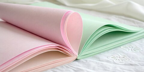 Leinwandbilder - A delicate display of soft pink and green paper sheets, gently folded into a graceful heart shape, resting upon a pristine white fabric surface adorned with subtle floral patterns.