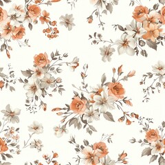 Poster - Beautiful floral pattern featuring peach and cream flowers with green leaves on a light background creating a delicate design. Generative AI