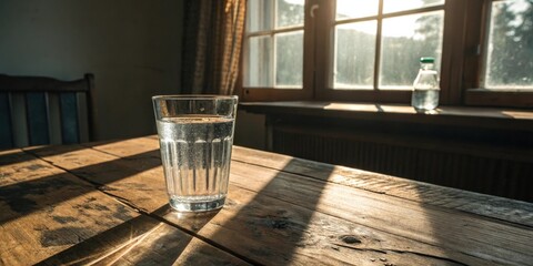 Poster - A glass of water sits on a wooden table with a sunbeam passing through a window casting a shadow on the surface.