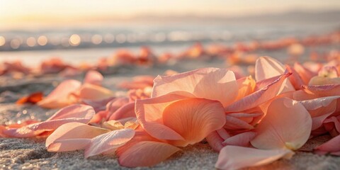 Poster - Delicate rose petals scattered across a sandy beach bathed in the warm glow of the setting sun