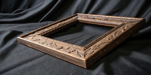 Poster - A Close-Up of a Carved Wooden Picture Frame Lying on a Black Fabric Surface