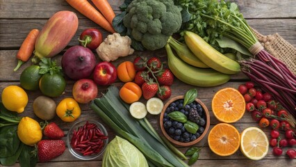 Sticker - A colorful arrangement of fresh fruits and vegetables on a rustic wooden surface, showcasing nature's bounty and the diversity of healthy ingredients.